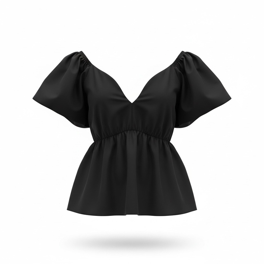 Hyacinth House Black V-Neck Ruched Puff Sleeve Peplum Blouse Top XL